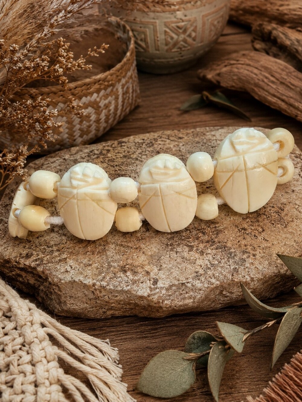 Vintage Hand Carved Bone Scarab Stretch Bracelet